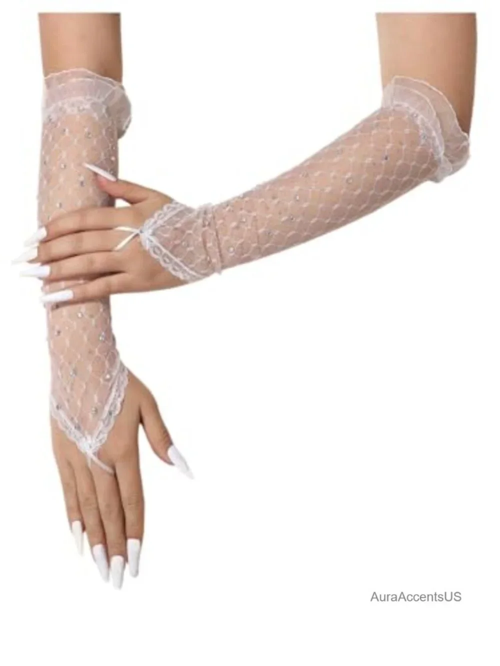 Women's Fingerless Lace Gloves with Rhinestones Sparkle Prom Wedding Party